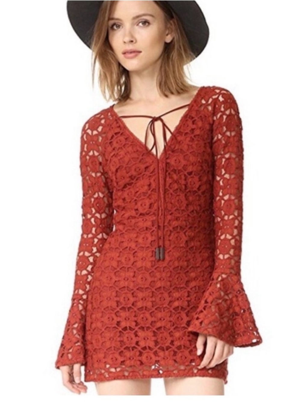 Rust Orange Crochet Bell Sleeve Free People mini dress